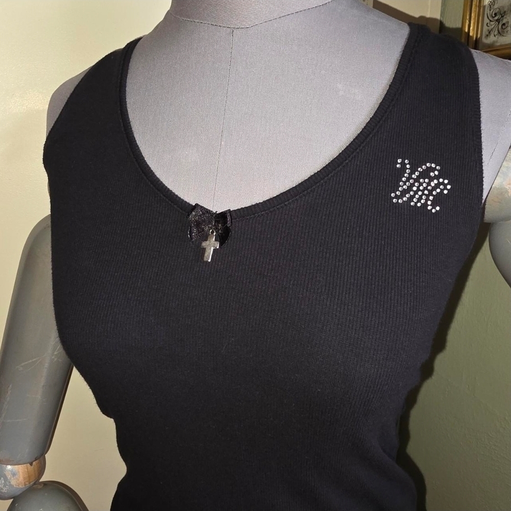 Vive Maria Ribbed Tank Top W/ Rhinestone Embellishment, Silk Bow, Cross Charm -M